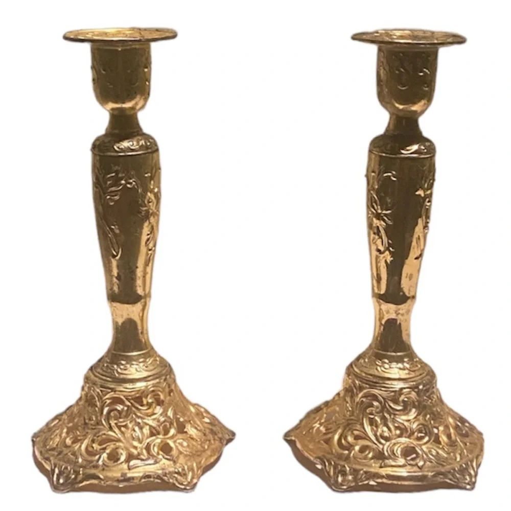 Vintage Candlesticks Set Candle Holders Ornate Cast Metal Brass Gold Filigree